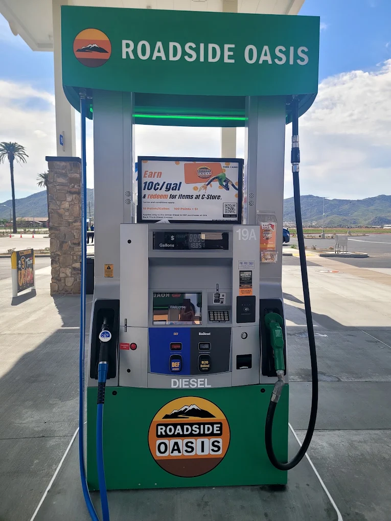 Roadside Oasis diesel pump showing the 10 points per gallon rewards offer