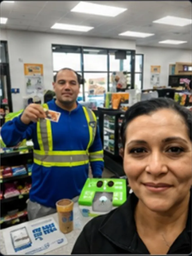 Driver in a hi-vis jacket and a store cashier taking a selfie with a Roadside Oasis Rewards card