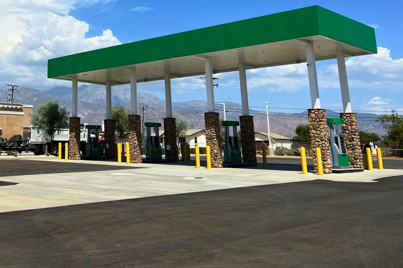 Roadside Oasis fuel canopy and pump islands