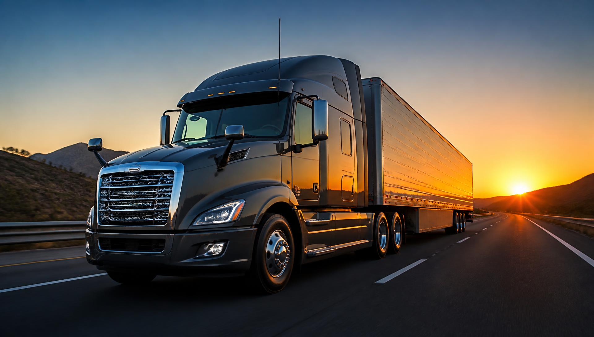 Modern semi-truck driving on a California highway at dusk toward a Roadside Oasis stop